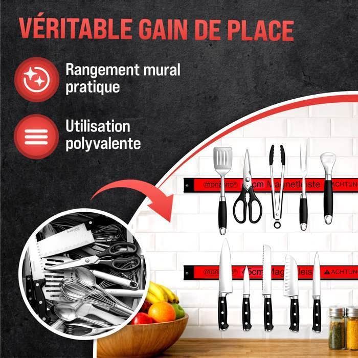 Barra magnética para herramientas MONZANA® de 6 unidades, 45 cm, potente, para almacenamiento de herramientas, montaje en pared. Carga máxima: 23 kg.