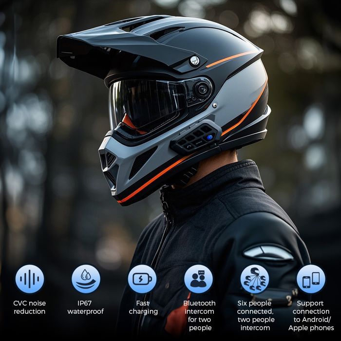 Kit de intercomunicador Bluetooth para casco de motocicleta GEARELEC con radio, resistente al agua IPX65, conexión para dos teléfonos.