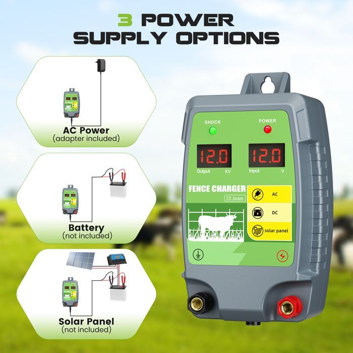 10KM Electric Fence Energizer, Mains Powered for Livestock (Horses, Cows, Sheep) for Farms and Gardens