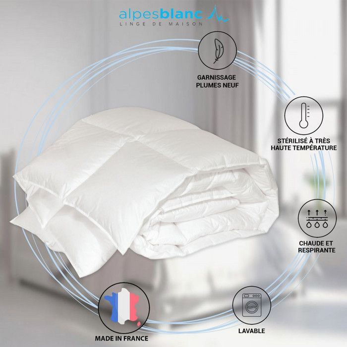 ALPES BLANC - Edredón de plumas naturales 360 g/m² - 140 x 200 cm - Cálido y transpirable - Fabricado en Francia - Relleno nuevo
