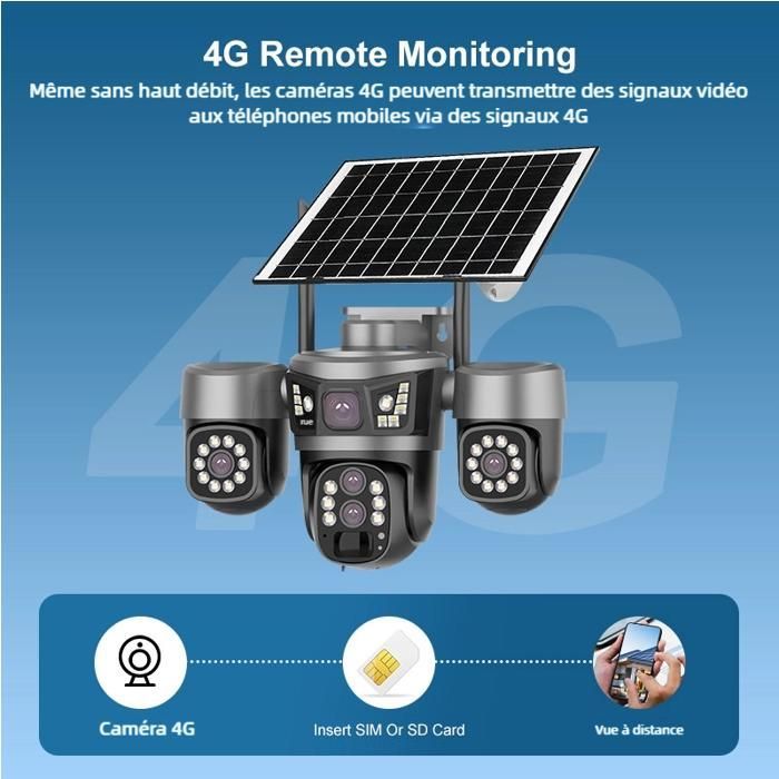 Caméra de surveillance 4G solaire 6MP PTZ à 3 objectifs, zoom optique 10X, vision nocturne etaudio bidirectionnel