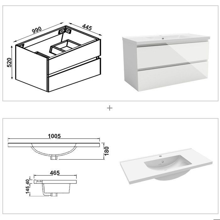 AICA 100cm Glossy White Bathroom Vanity Unit with 2 Soft-Close Drawers and Single Ceramic Basin