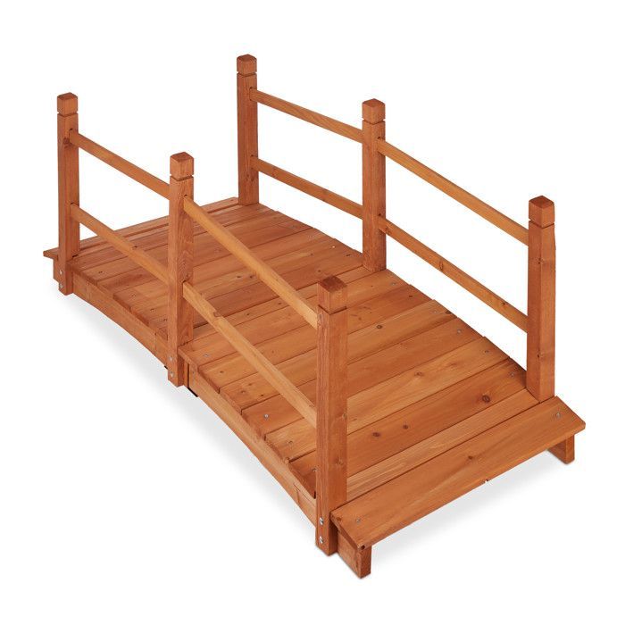 Puente para estanque Relaxdays con balaustrada, pasarela, decoración de jardín, madera, 56 x 140 x 60 cm, color naranja.