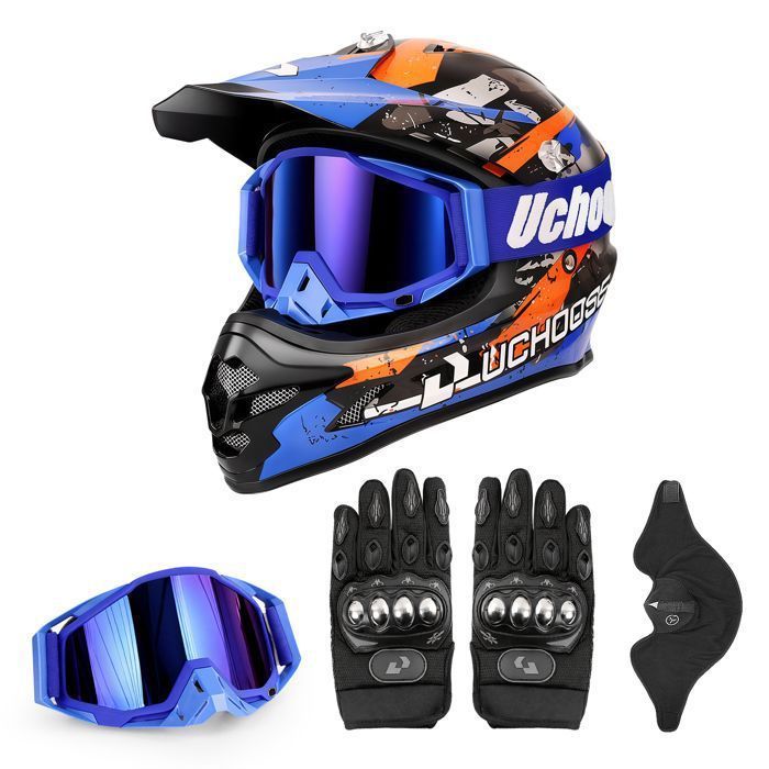 Full Face Motorcycle Helmet, Mountain Bike Helmet, Motocross Helmet, Four Seasons Off-Road Full Face Helmet with Goggles and Gloves, Blue-Black, Medium