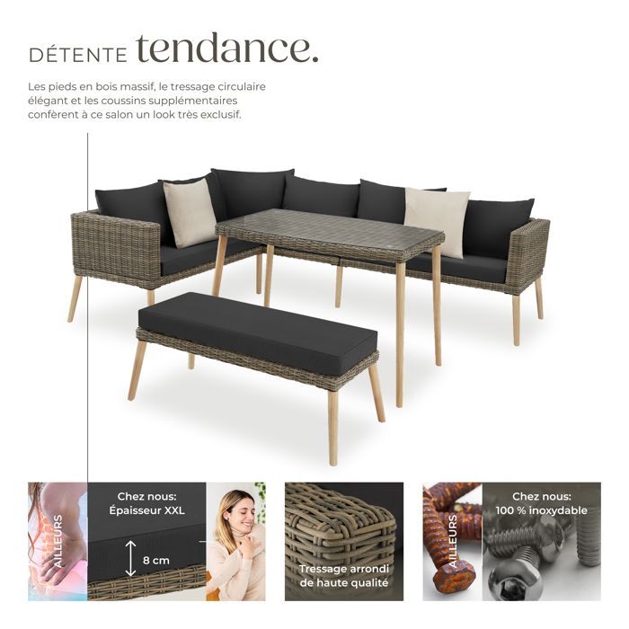 Salon de jardin - TECTAKE - Canapé lounge d'extérieur PULA avec cadre en aluminium et plaque en verre - Marron Naturel