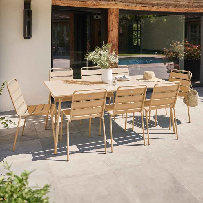 Conjunto de mesa e 8 cadeiras de jardim Palavas em metal cor marfim, Oviala