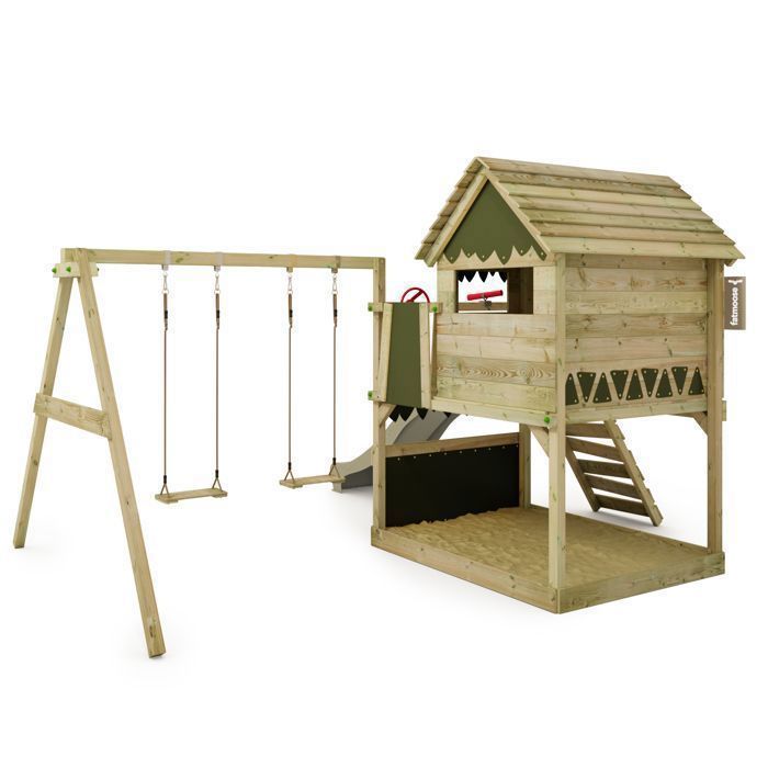 Torre gioco in legno FATMOOSE TikaTaka Town XXL con scivolo verde salvia da 220 cm e sabbiera integrata – 10 anni di garanzia*