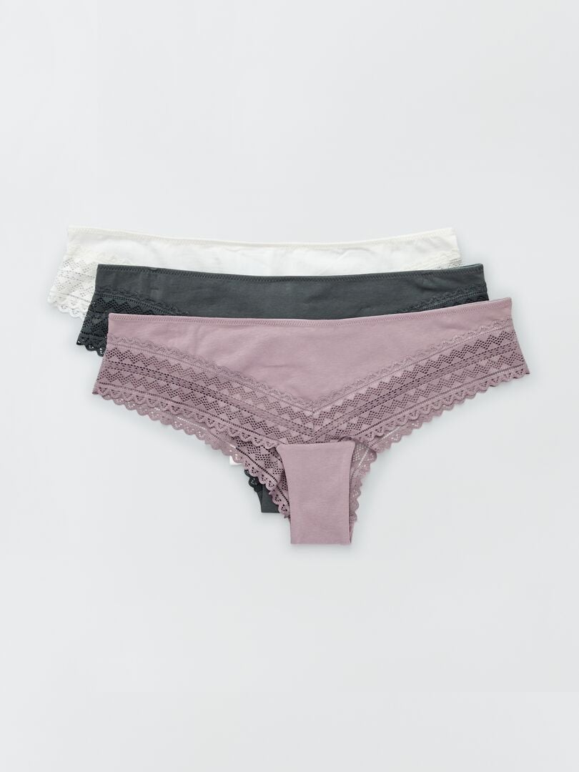 Conjunto de 3 calcinhas fio dental de renda de algodão - rosa e cinza