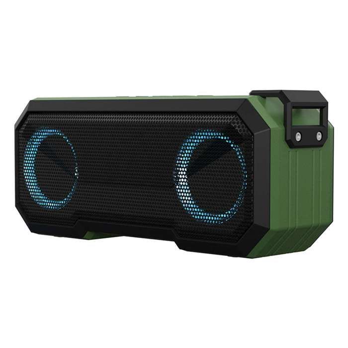 Altavoz Bluetooth estéreo portátil resistente al agua IPX7 con graves potentes, iluminación LED de 360°, 12 horas de duración de la batería, función de batería externa, radio FM y puerto USB para deportes al aire libre.