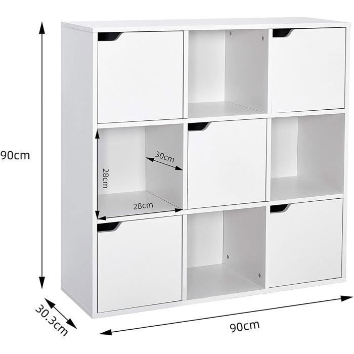 Étagère de rangement 9 Cubes Bibliothèque en Bois Armoire de Livres Armoire de Rangement,Bureau,Style Moderne, Blanc-MONDEER