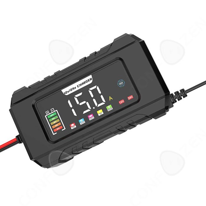 Caricabatterie intelligente da 12V 15A, caricabatterie per auto con schermo tattile LCD, protezione multipla per auto e moto.