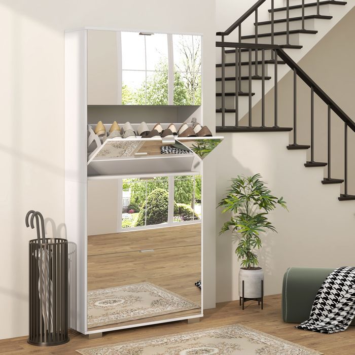 Zapatero - HOMCOM - 2 en 1 con frentes espejados, 4 puertas abatibles, estantes ajustables, capacidad para hasta 24 pares de zapatos, 76 ancho x 26 profundidad x 168 alto cm