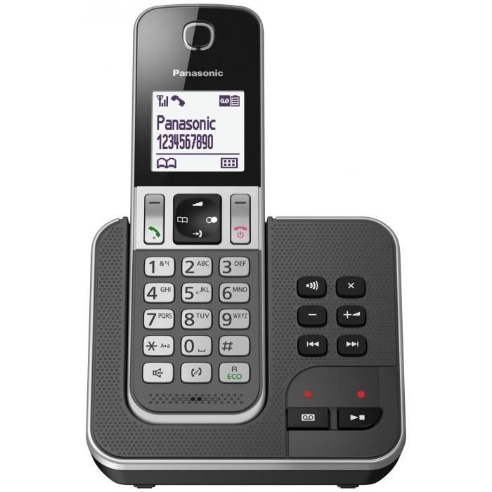 Telefone sem fio Panasonic KX-TGD320FRG com secretária eletrônica, base e monofone, viva-voz e identificador de chamadas.