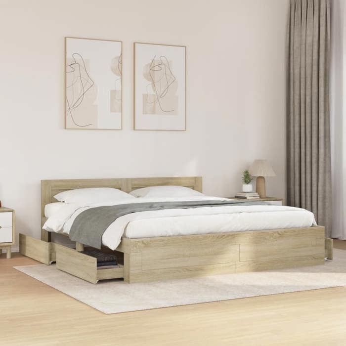 vidaXL Cadre de lit avec tête de lit chêne sonoma 180x200 cm, meubles de chambre à coucher, lit double, sommier, lit, cadre 3295543