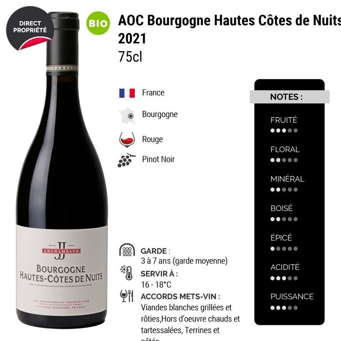 J&J Archambaud Bourgogne Hautes Côtes de Nuits 2021 - Vin Rouge de Bourgogne (6x75cl) BIO
