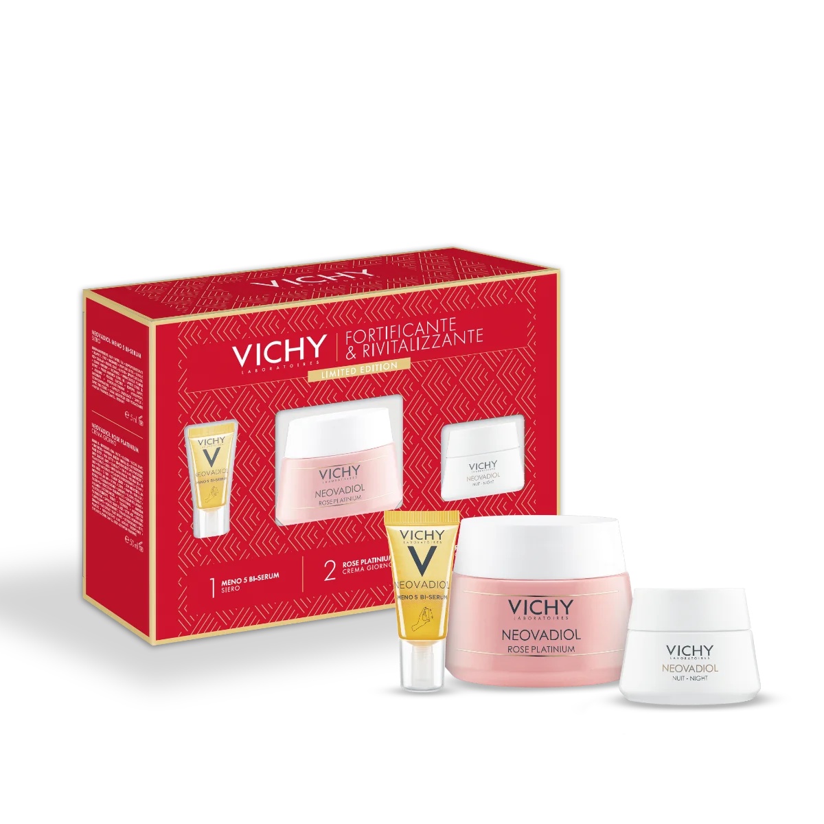 VICHY Neovadiol Kerstcadeauset 2023: Neovadiol Meno 5 Bi-Serum serum + Neovadiol Rose Platinium dagcrème + Neovadiol Rose Platinium nachtcrème.