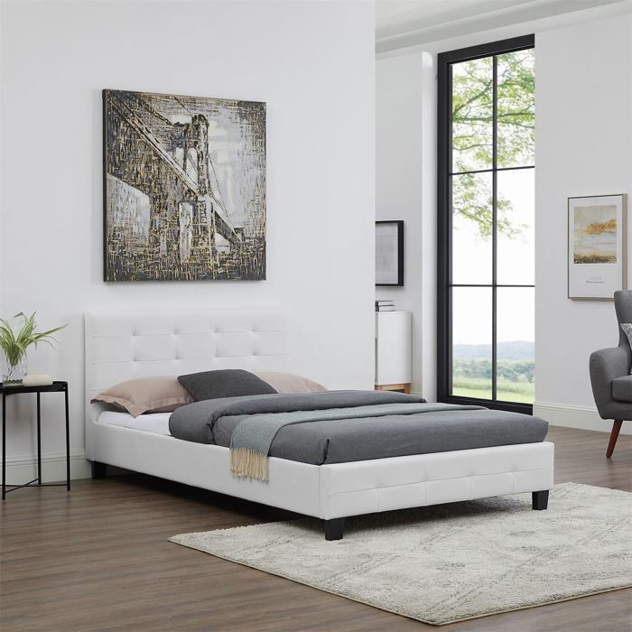 Cama individual MARLON para adultos con somier de láminas de 120x190 cm, para 1,5/1 persona, cabecero y piecero tapizados en material sintético.