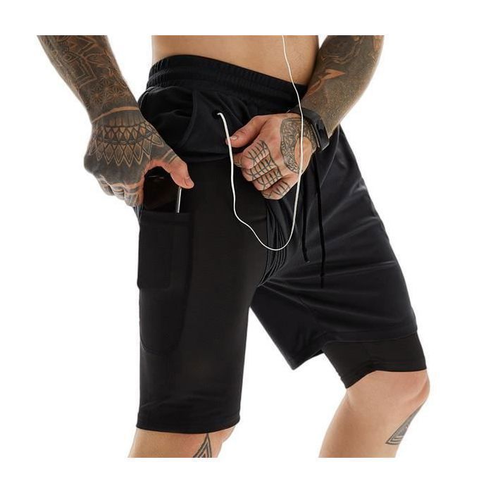 Compression Shorts pour Hommes, Sport 2 en 1 Short de Course Double Couche Séchage Rapide Fitness Pantalon Court avec Poche Noir