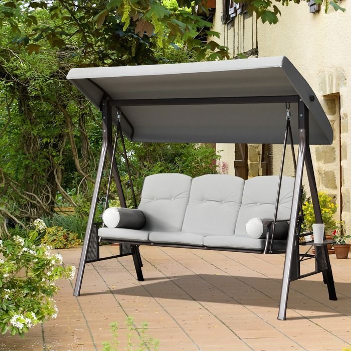 Columpio de jardín Outsunny - 3 plazas - toldo inclinable ajustable - cojines - bandejas retráctiles - poliéster - gris claro