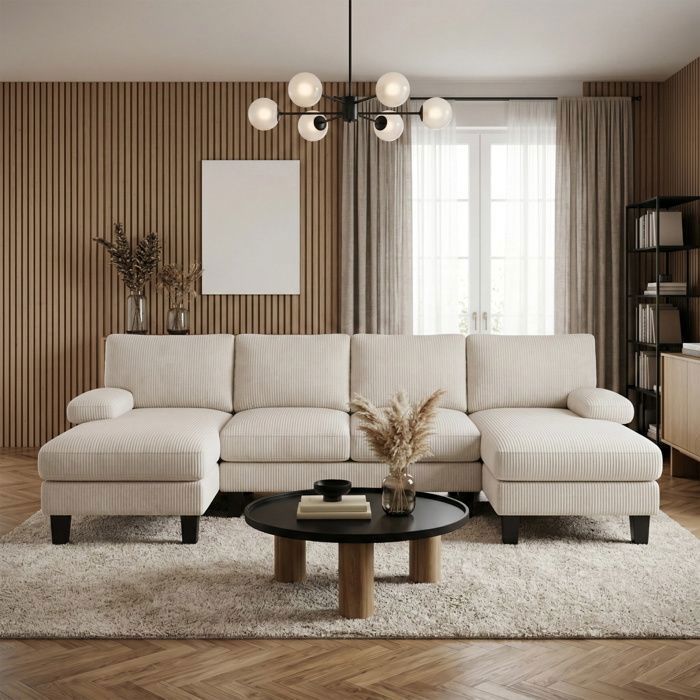Panorama-Ecksofa – Bealife – 4-Sitzer – U-Form – Cord – 2 Chaiselongues – Skandinavischer Stil – Beige