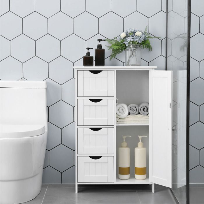 Badezimmerschrank, platzsparend, Kommode mit 4 Schubladen, Schrank mit Tür, verstellbarem Einlegeboden, Wolkenweiß