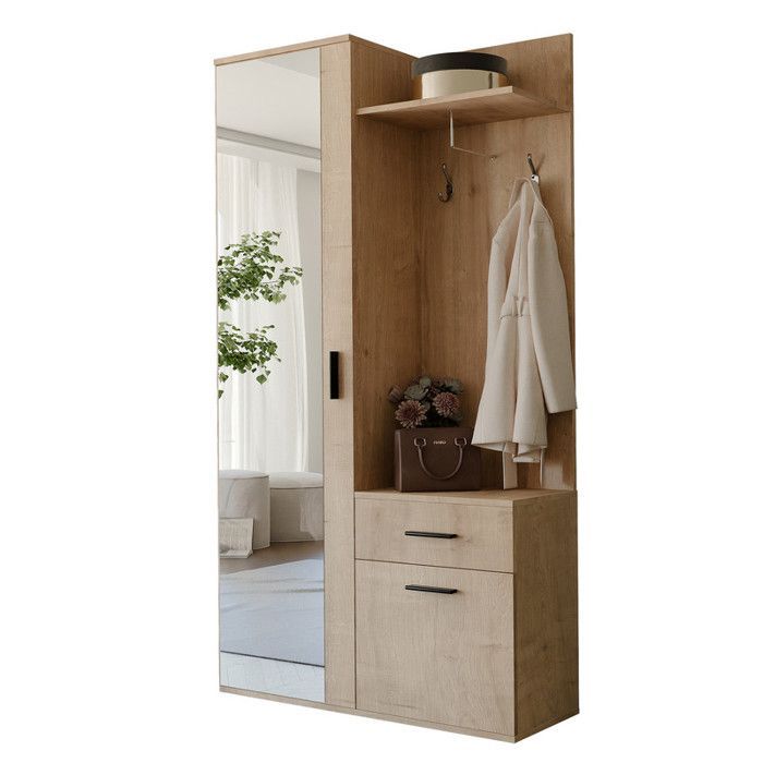 LEA Kledingkast met Spiegel - Kapstok met Haken en Lade - Handgemaakt Eikenhout - 97 x 30 x 195 cm