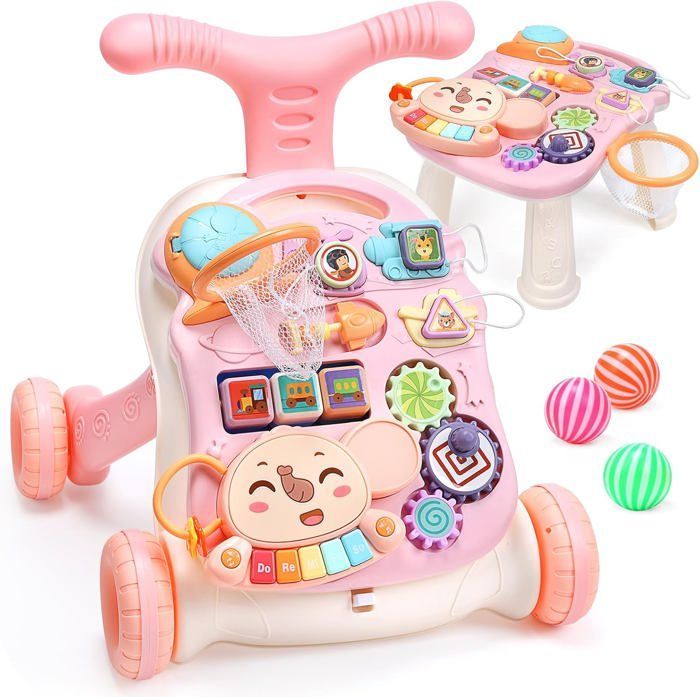 Trotteur pour bébé fille, 2 en 1, apprentissage assis-debout et centre d'activités, apprentissage de la marche