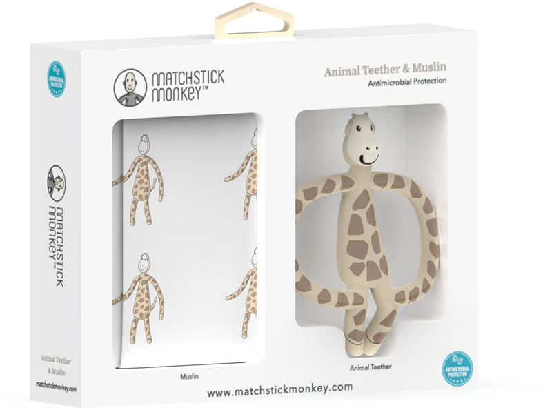 Conjunto de presente infantil com mordedor de macaco palito e girafa de musselina.