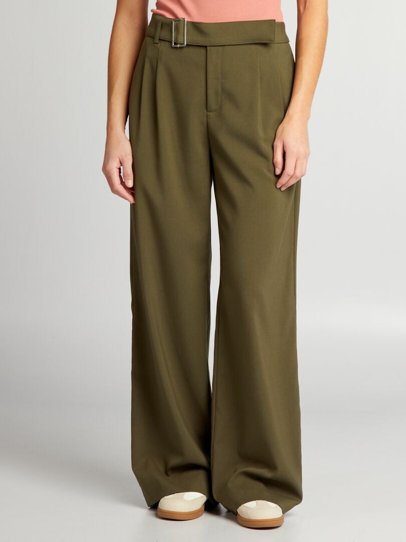 Broek met wijde pijpen en riem - Khaki