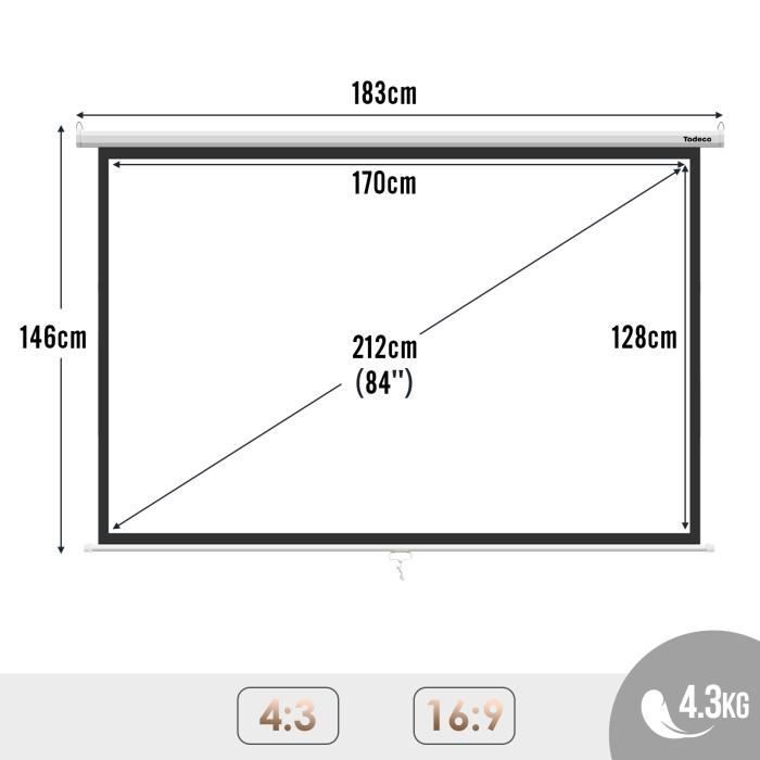 Pantalla de proyección de 84 pulgadas, enrollable manualmente, para montaje en pared o techo, para cine en casa, 128 x 170 cm, relación de aspecto 4:3, HD 4K 3D