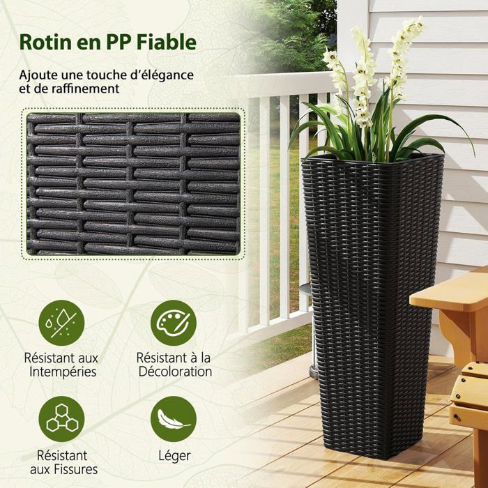 COSTWAY Set of 2 Flower Pots, Removable Inner Trays, Drainage Holes, Decorative Wicker Vegetable Planter Table in PP Rattan, Black
