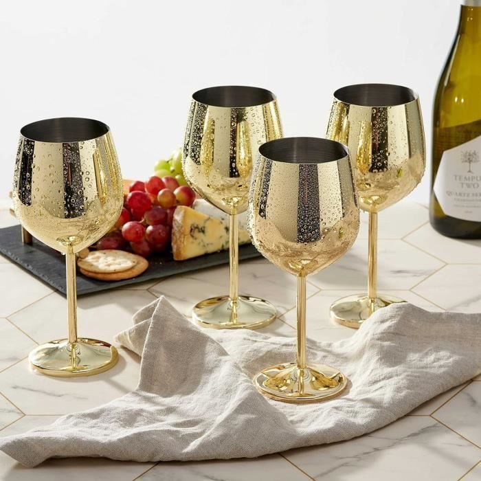 Conjunto de 4 elegantes taças de vinho em aço inoxidável banhadas a ouro, 500ml - Conjunto de taças inquebráveis para o Natal e Ano Novo.
