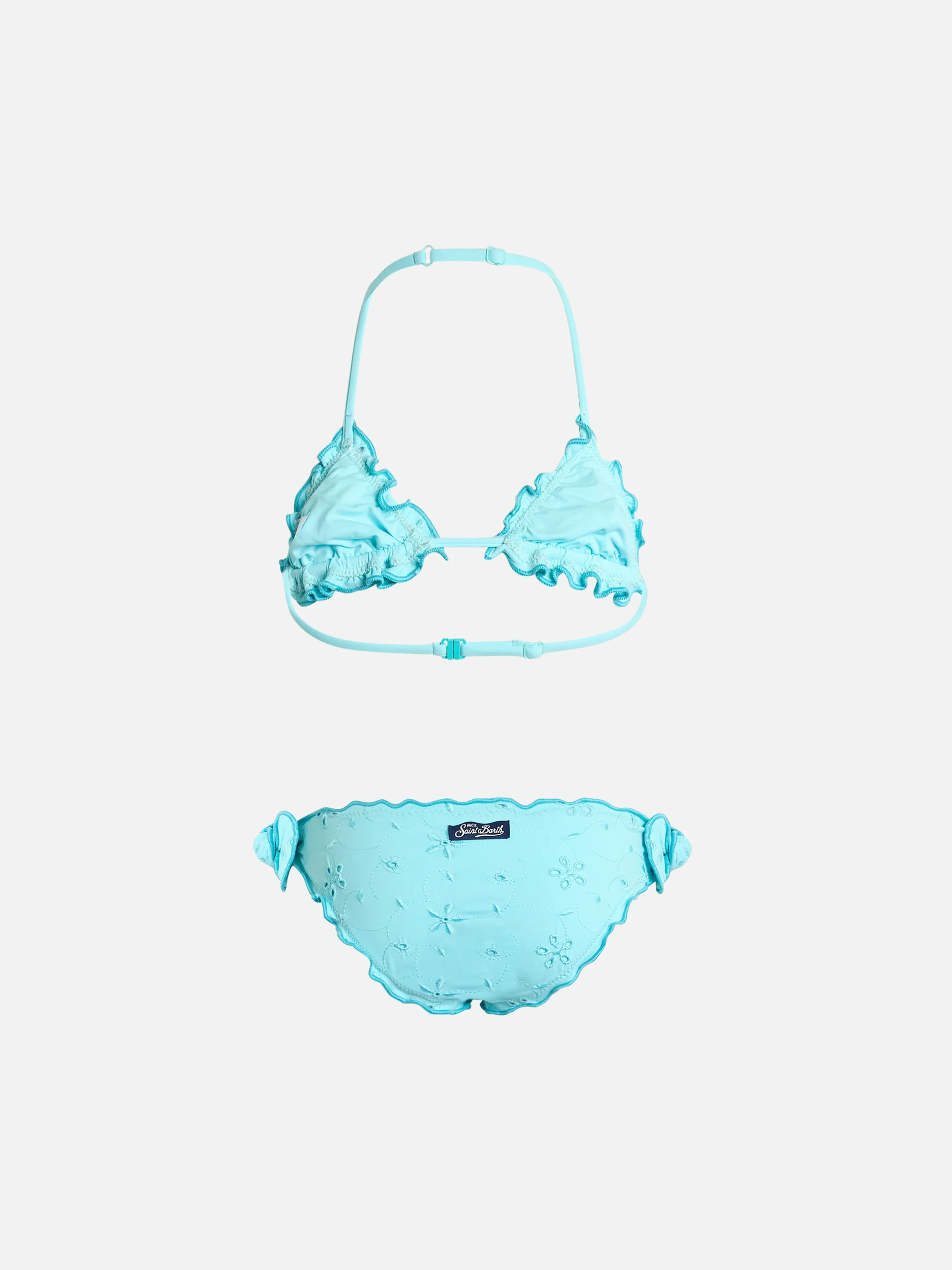 Bikini classico triangolo Cris da bambina verde acqua con ricamo Sanga