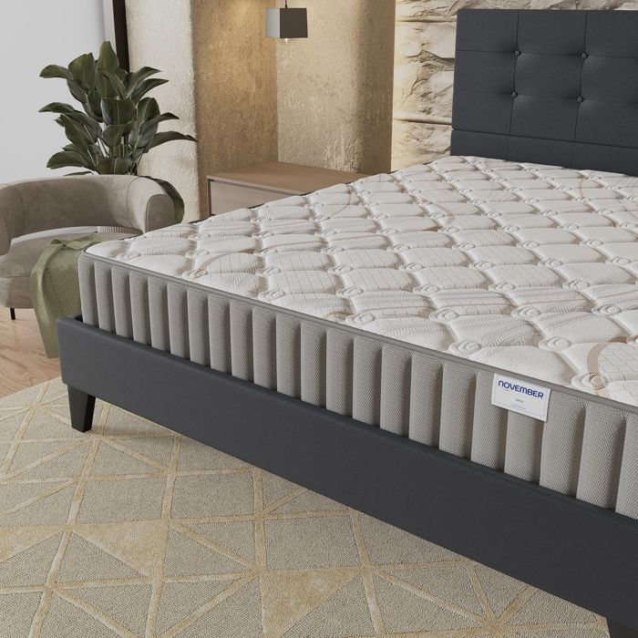 Colchón y cama (140x200cm) - Sirius 16cm Látex natural y espuma de alta densidad + Base de láminas estable y cabecero tapizado en negro