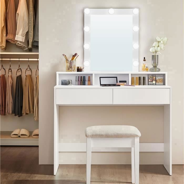 Coiffeuse, Miroir LED à Luminosité Réglable, 2 Tiroirs et 3 Compartiments, 100 x 40 x 145 cm, Blanc