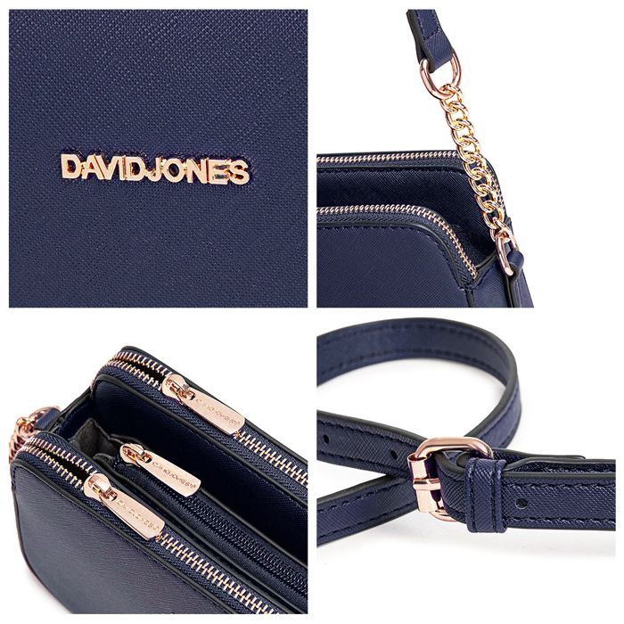 David Jones - Small Women's Crossbody Bag - PU Leather Shoulder Bag with Chain Strap and 3 Compartments - Multi-Pocket Bag - Blue