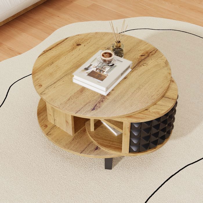 Maisentil salontafel met dubbel draaibaar blad in natuurlijke houtlook, verborgen opbergruimte en een strak, modern design.