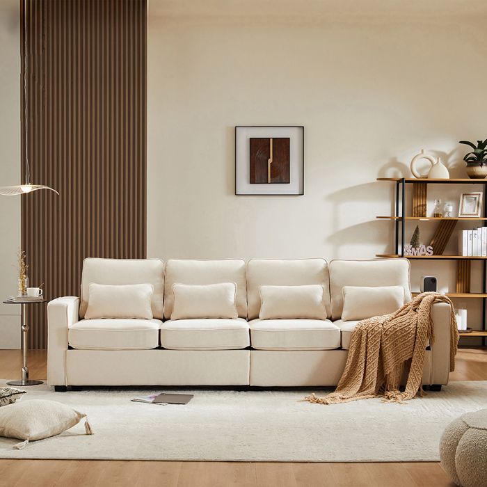Four-seater straight sofa with armrest pockets and four cushions for the living room, apartment, or office. Beige linen fabric.