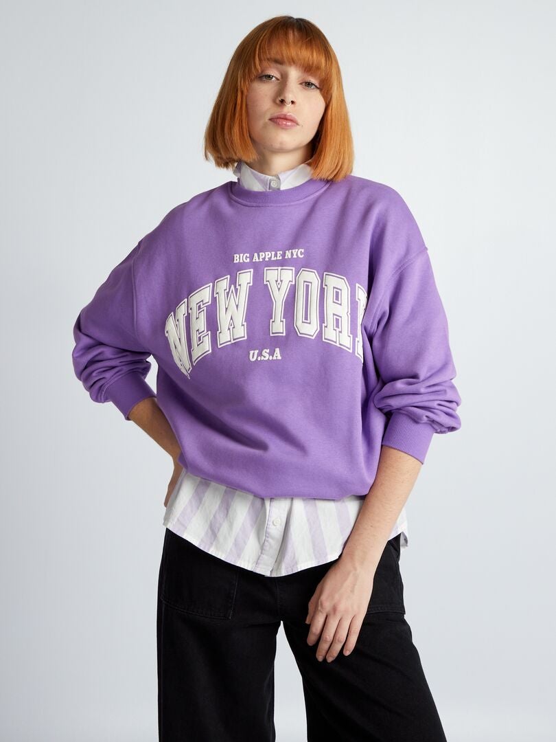 Bedrukte fleece sweater - PAARS