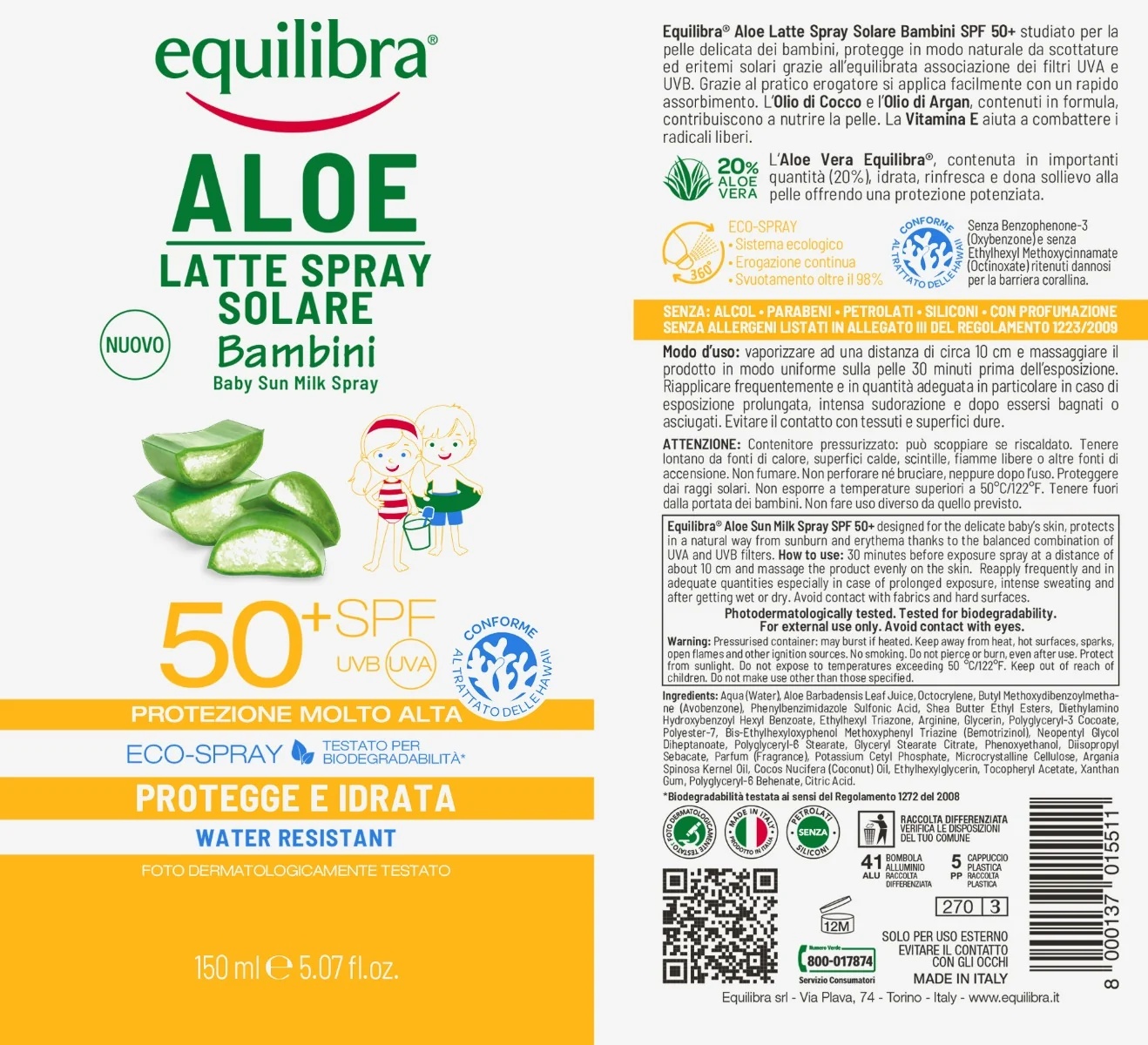 EQUILIBRA Equilibra Aloe Milk Spray protector solar para niños 50+ 150 ml protección infantil