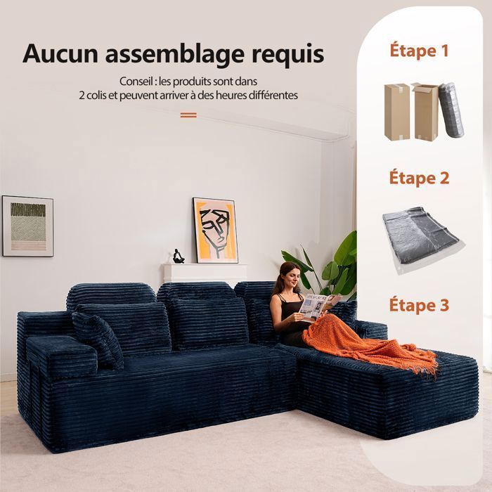 Canapé d'angle réversible avec méridienne, canapé modulairee dossier haute, canapé-lit à assise profonde sans assemblage bleu
