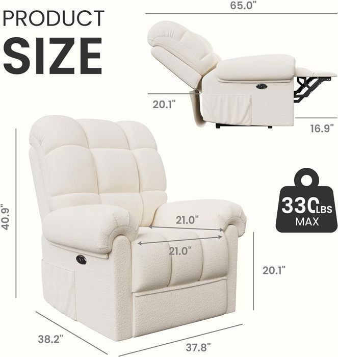Poltrona reclinabile elettrica regolabile in velluto, ideale per il soggiorno, con porta USB, colore beige.
