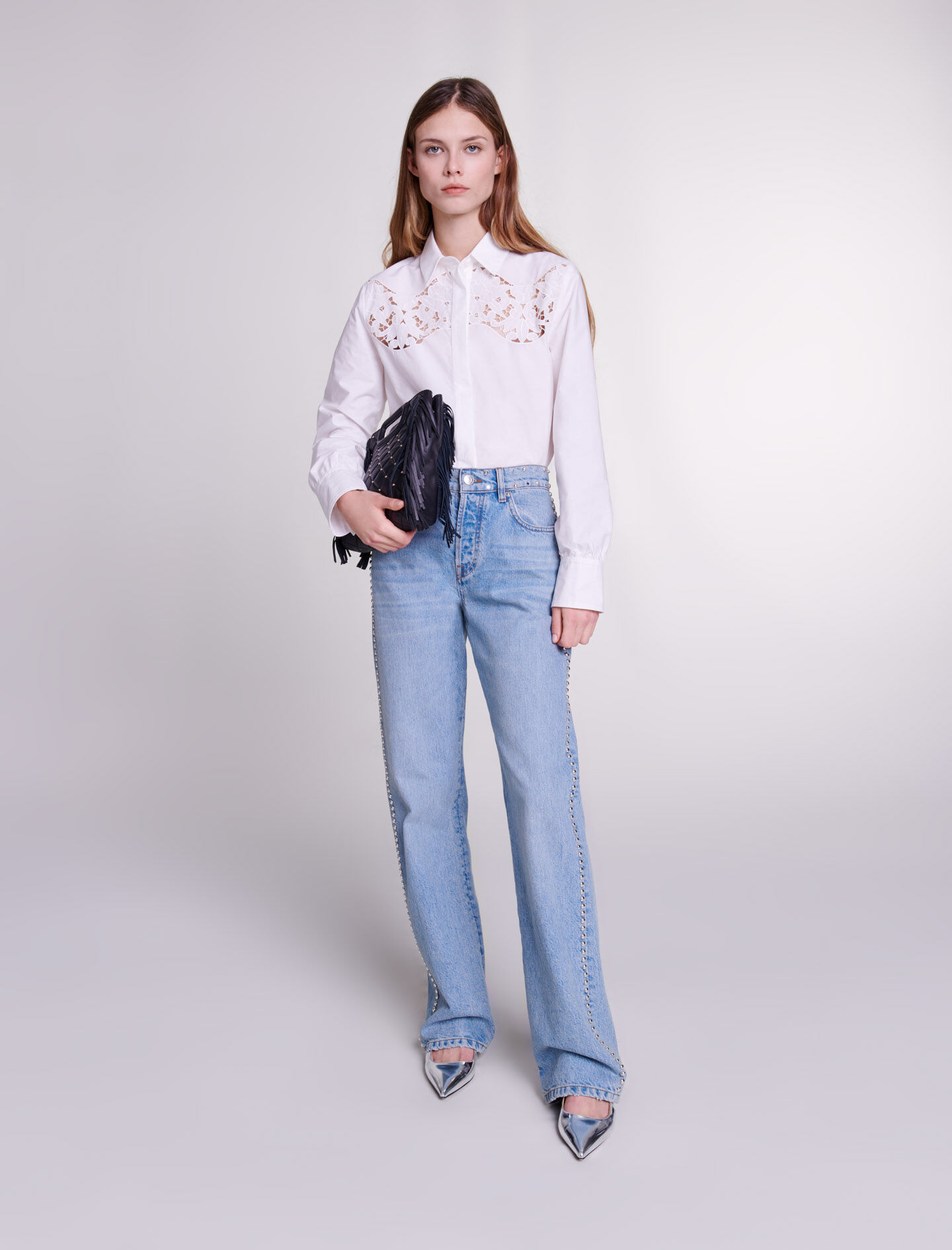 Jeans met wijde pijpen en studs - Blauw