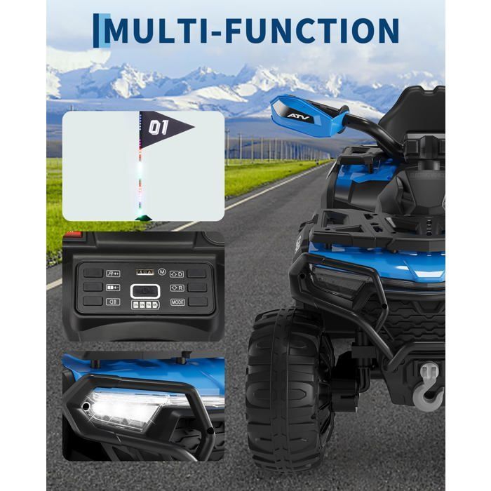 Coche eléctrico infantil 4x4 tipo buggy, 12 V, velocidad máxima de 6 km/h, suspensión, faro LED, Bluetooth, música, azul.