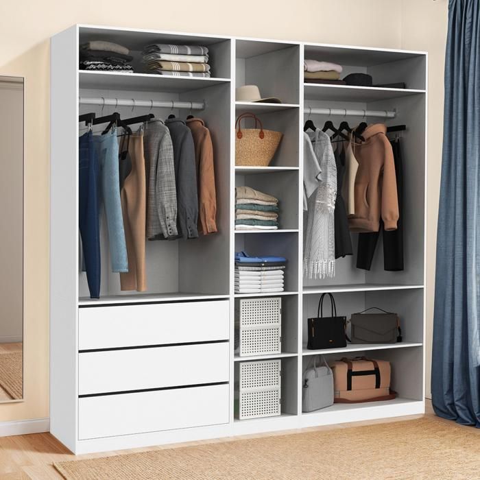 Armadio modulare IDMARKET TAYLOR 200 x 55 x 200 cm, 3 moduli con appendiabiti + ripiani + cassetti, colore bianco