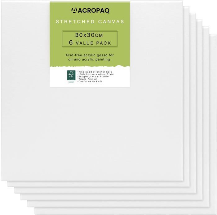 Σετ 6 τεντωμένων καμβάδων ACROPAQ με κορνίζες, 30x30 cm - Επιφάνεια βαμβακιού υψηλής ποιότητας 280 g/m² - Χωρίς οξύ FSC