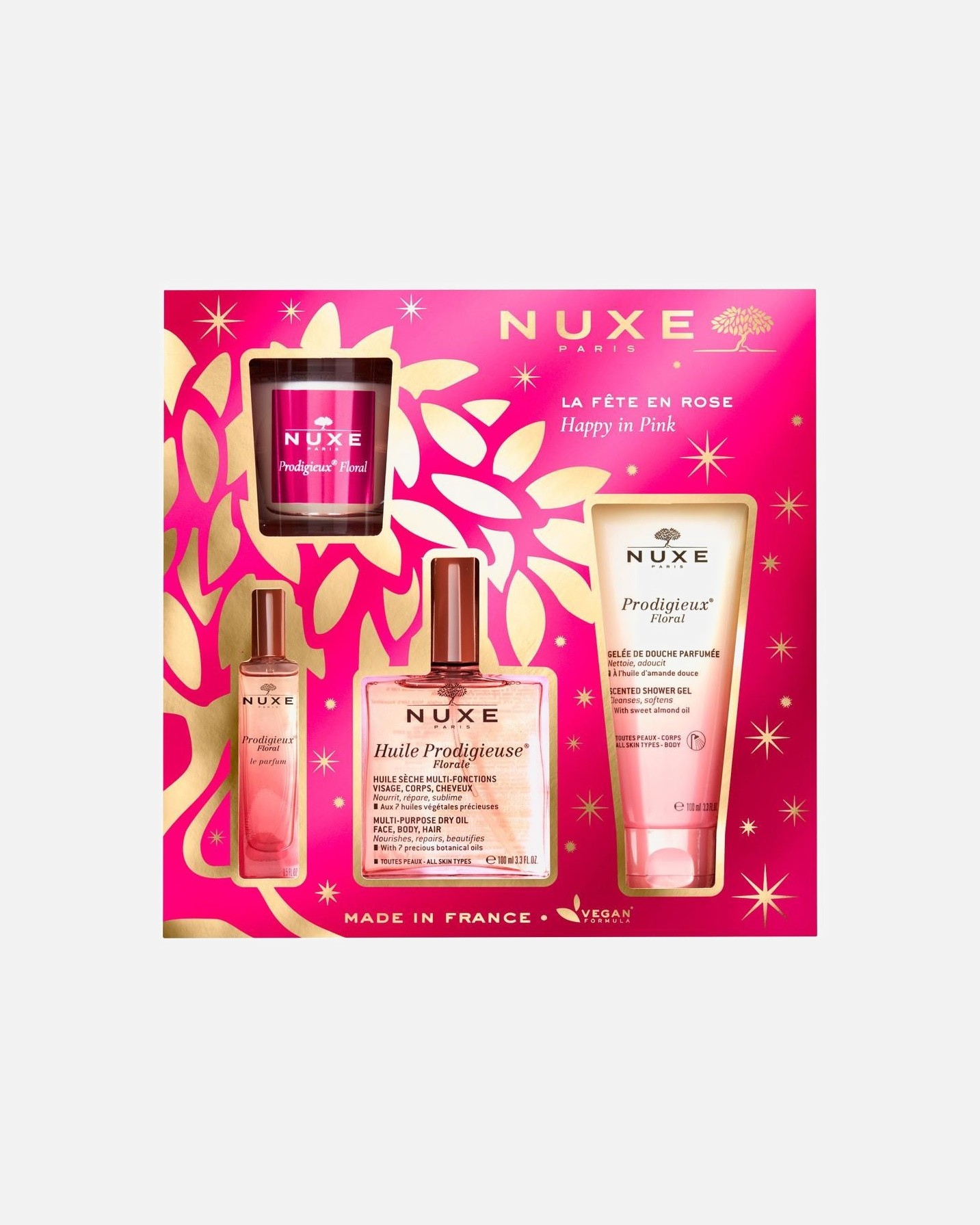 NUXE ķermeņa kopšanas komplekts Nuxe Prodigieux® ziedu dāvanu komplekts - Prodigieux® ziedu dušas želeja 100 ml + Prodigieuse® ziedu eļļa 100 ml + Prodigieux® ziedu smaržas 15 ml + Prodigieuse® ziedu svece 70 g 11 gab.