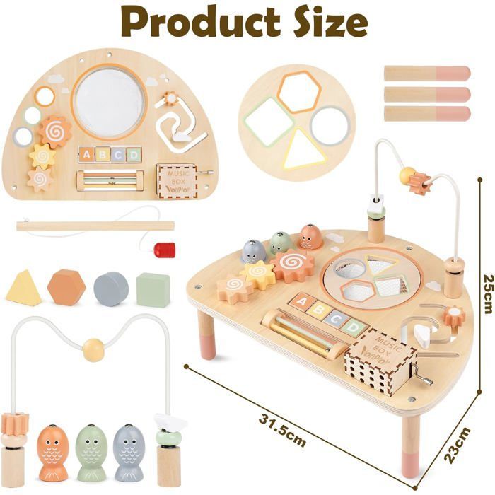 Mesa de atividades de madeira para bebês - ZUUKO - Montessori - Labirinto de contas - Classificador de formas - Oitava musical