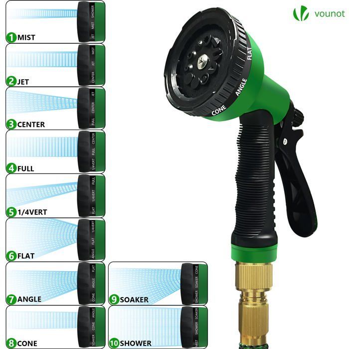 VOUNOT® Reinforced Expandable Garden Hose 15m Green - 10 Modes - Connector and Storage Bag Included - Flexible, Leak-Proof