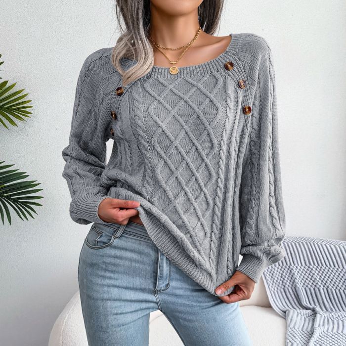 Maglione da donna a maniche lunghe in maglia, scollo quadrato, modello ampio a trecce con bottoni, tinta unita, autunno/inverno - taglia europea - grigio